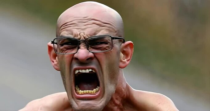 Angry bald man shouting outdoors, blurry background