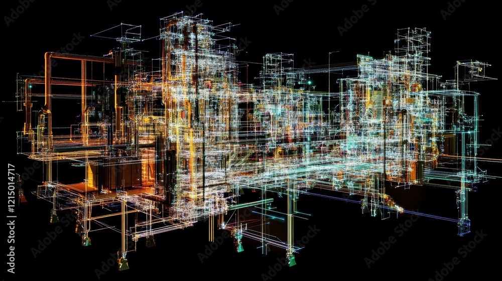 Poster illuminated lines and nodes forming a complex industrial plant structure emphasize the intricate net
