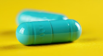 Close-up of vibrant blue capsules on a bright yellow background