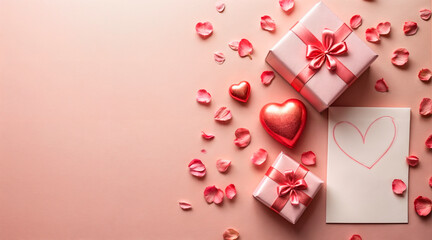 Valentine's Day flat lay composition with gift boxes and hearts on pastel pink background. Flat lay, top view, copy space. High quality photo