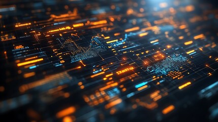 Abstract digital data visualization with glowing lines and graphs.