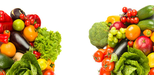 Healthy vegetables and fruit food - collage. free space for text. Wide photo.