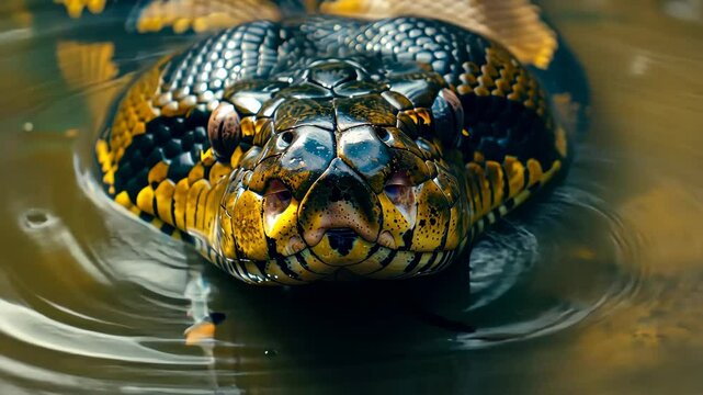 Anaconda in the water in the jungle. Selective focus. Nature.