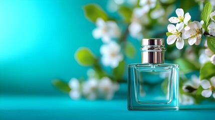 Elegant Glass Perfume Bottle Beside Blooming White Flowers