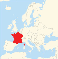 Naklejka premium Location Map of the country France in Europe. The country is highlighted with a red polygon. No labels at all.