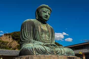 Majestic buddha statue kamakura japan cultural landmark outdoor wide angle serenity and reflection
