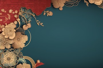 Celebrate chinese new year with a red background featuring oriental patterns and golden frame design