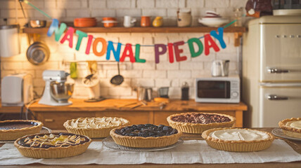 National Pie Day Celebration with Assorted Pies on a Kitchen Table