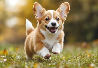 Happy Corgi Running Through a Green Field with Autumn Leaves in the Background, Capturing Joy and Playfulness in Nature's Embrace