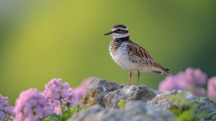 Fototapeta premium Killdeer Bird Standing on Rock Among Pink Flowers in Natural Green Background