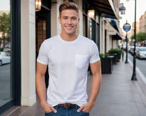 Fototapeta premium Young man wearing white t-shirt and jeans standing on the street