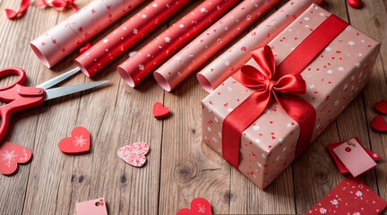 Valentiens gift boxes, velvet ribbons, rolls of wrapping paper and decorations on wool background.
