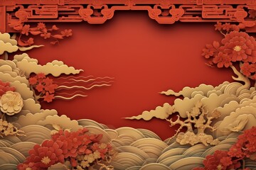 Chinese new year red background with oriental patterns and golden frame for celebrations