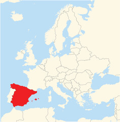 Location Map of the country Spain in Europe. The country is highlighted with a red polygon. No labels at all.