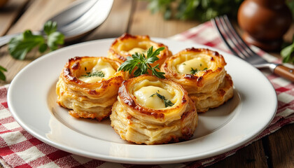 Golden vol-au-vent garnished with herbs on checkered tablecloth, culinary delight