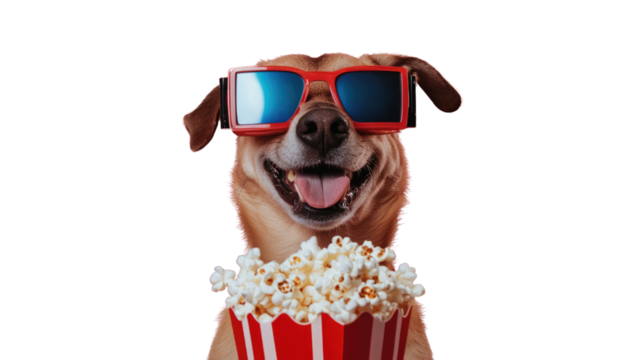 Movie Night Pup:  A cheerful dog wearing 3D glasses holds a bucket of popcorn, ready for a fun night at the movies.