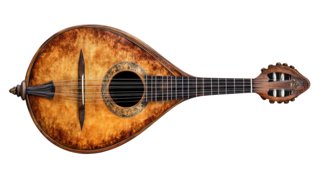 Vintage Portuguese Guitar: A meticulously crafted vintage Portuguese guitar, its sunburst finish radiating warmth and character, sits ready to serenade with traditional melodies.  