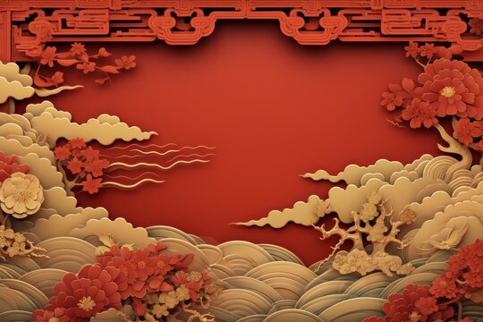 Chinese new year red background with oriental patterns and golden frame for celebrations
