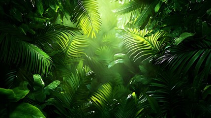 Lush Green Jungle Foliage with Sunlight Filtering Through Leaves