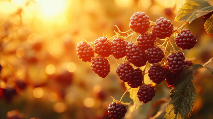 Blackberries ripening on a bush under bright sunshine with a minimalist and modern aesthetic, the blurred background offering an empty space for a caption, symbolizing growth and nature's beauty

