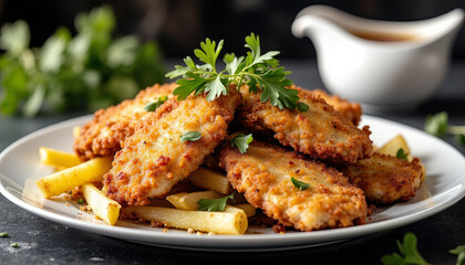 Fototapeta premium Delicious kotlet schabowy served with fries on a dark countertop, culinary delight
