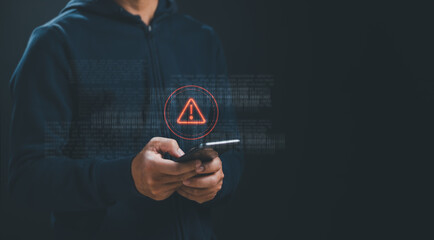 concept of warning notification or alert, technology scam, user showing warning access to dangerous...