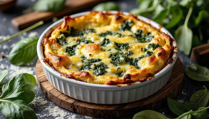 Delicious spinach souffle on kitchen counter, vibrant culinary delight