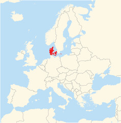 Fototapeta premium Location Map of the country Denmark in Europe. The country is highlighted with a red polygon. No labels at all.