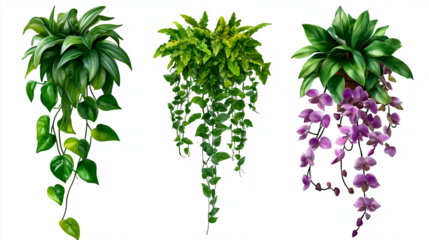 Set of three hanging plants on isolated transparent PNG background, featuring lush greenery and cascading flowers, perfect for botanical designs, interior decor visuals, and creative projects