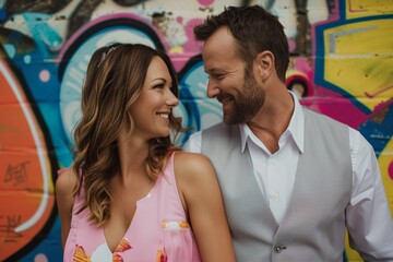 Portrait of a joyful couple in their 30s dressed in a polished vest isolated on colorful graffiti wall