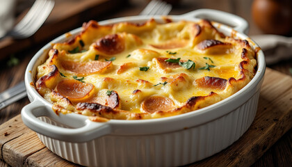 Bubbling gratin dauphinois in white dish on rustic table, comfort food