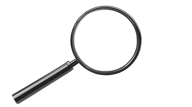 Magnifying Glass: A detailed close-up of a classic magnifying glass, showcasing its smooth, polished surface and the precise craftsmanship of its design.