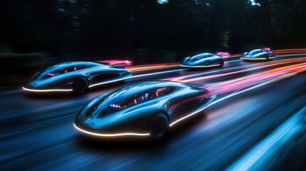 Obraz premium A series of electric cars speeding past, their smooth, aerodynamic shapes leaving glowing trails in the night