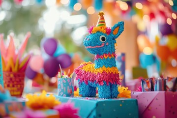 A birthday celebration with a pinata and party favors, creating a lively and colorful atmosphere