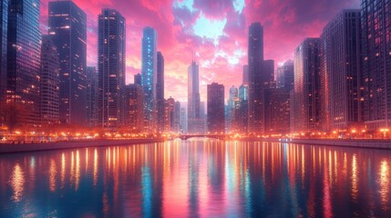 Obraz premium Vibrant Cityscape at Sunset with Colorful Reflections on the River