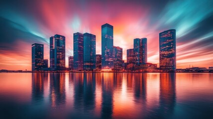 Fototapeta premium Vibrant Cityscape at Sunset with Water Reflections