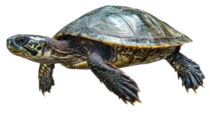 Turtle in Motion: A detailed close-up of a turtle, showcasing its textured shell and sturdy limbs as it moves with deliberate grace.