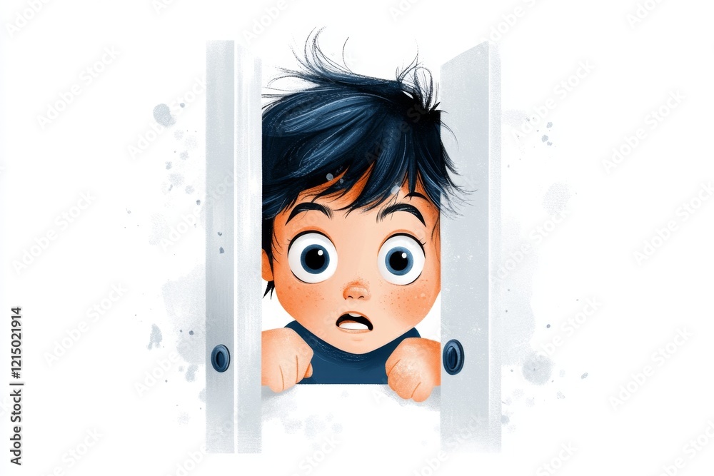 Aufkleber A flat illustration of a child peeking from behind a door with a worried expression, using simple shapes and soft gradients on a white background