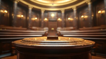 Obraz premium Empty courtroom witness stand, ornate chamber, legal setting, blurred background