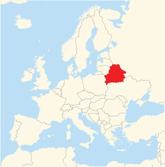 Location Map of the country Belarus in Europe. The country is highlighted with a red polygon. No labels at all.