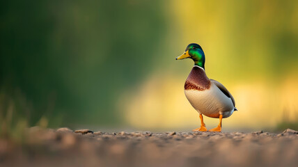 Fototapeta premium Close-up of a mallard duck standing on a rocky surface, its green head and orange legs vibrant against a soft-focus background