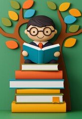 Child Reading a Book in a Colorful 3D Clay Design with Tree Background