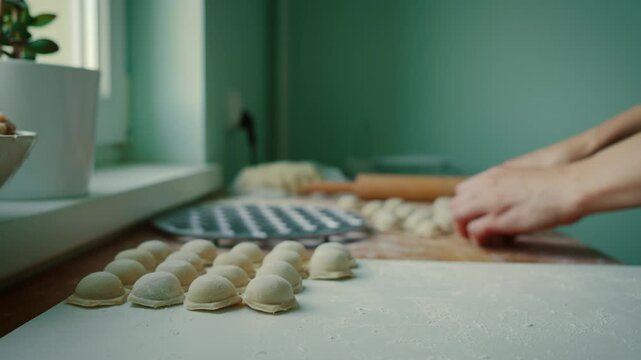 Hands placing freshly prepared dumplings in rows on floured board. Fingers arranging dumplings carefully after shaping for freezing or cooking. Hands organizing dumplings into neat rows on smooth