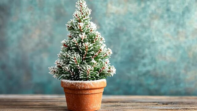 Miniature frosted Christmas tree in terracotta pot on rustic wooden surface with textured background