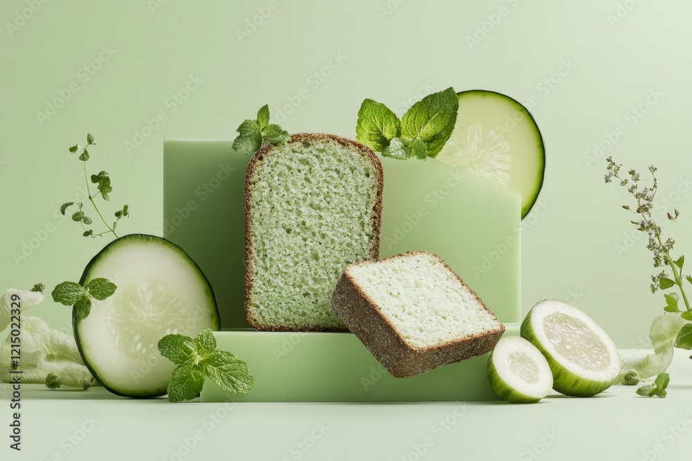 Poster a flat, geometric design of a zucchini bread loaf with a slice leaning against it, rendered in simpl