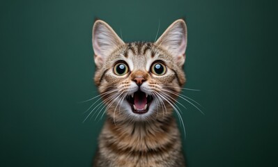 Playful and Expressive Kitten Revealing Genuine Surprise with Wide Eyes and Open Mouth on a Soft Green Backdrop Captured in High Detail