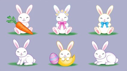 Adorable Easter Bunnies Six Cute Cartoon Rabbits with Carrots Eggs and Flowers
