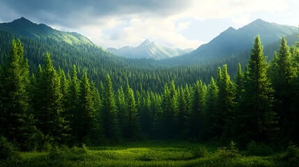 Fototapeta premium Serene Mountain Landscape Surrounded by Lush Green Pine Trees