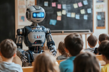 Robot Teaching a Group of Children in a Classroom. New education concept. Generative AI.