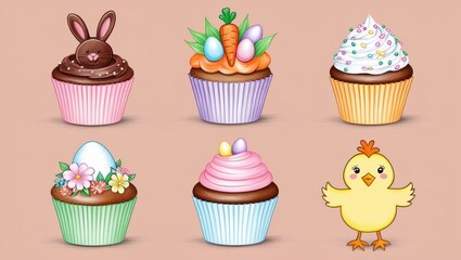 Six Adorable Easter Cupcakes with Bunny Chick and Egg Designs Perfect for Springtime Celebrations